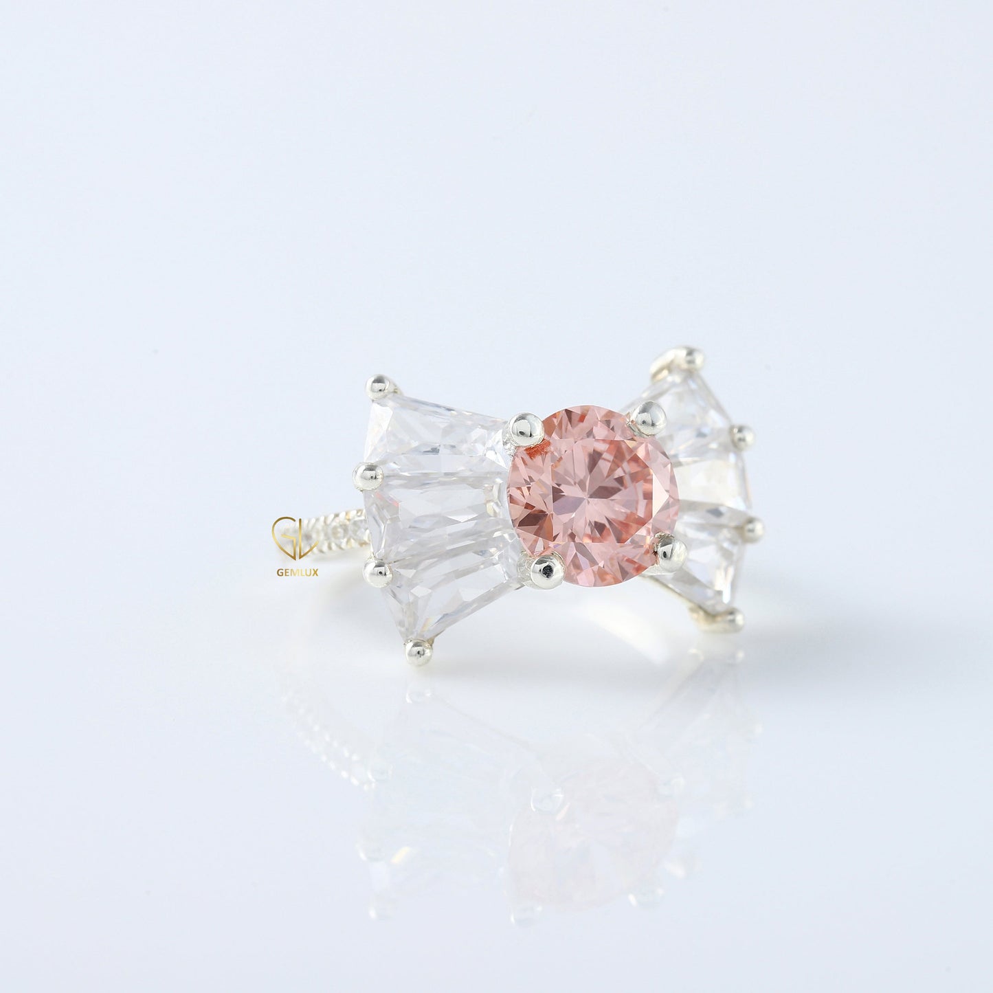 Bow Style Round Cut Morganite Pink Color Lab Grown Diamond Seven Stone Ring