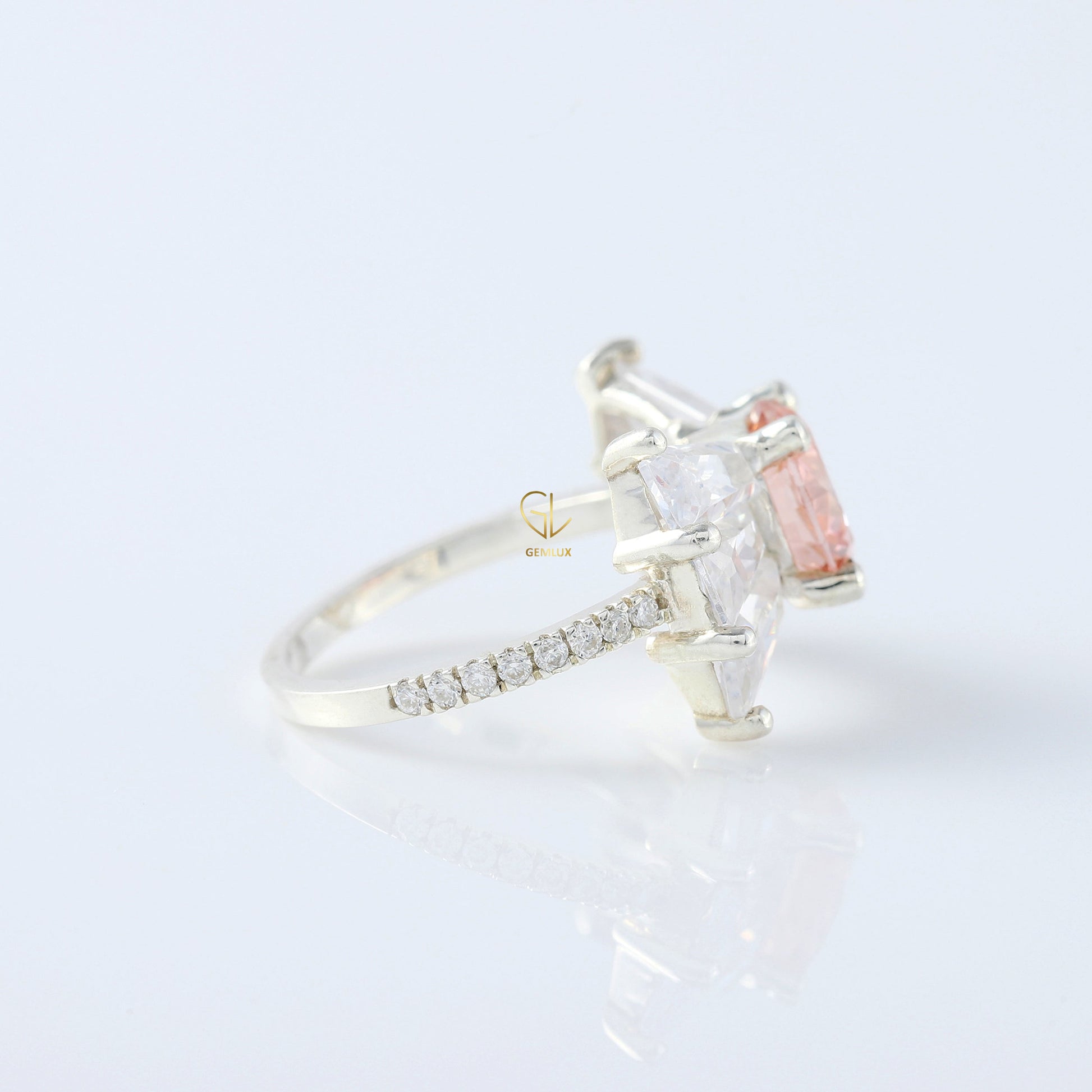 Bow Style Round Cut Morganite Pink Color Lab Grown Diamond Seven Stone Ring