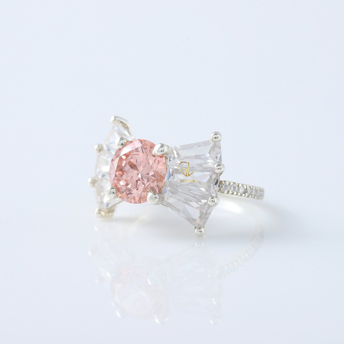 Bow Style Round Cut Morganite Pink Color Lab Grown Diamond Seven Stone Ring