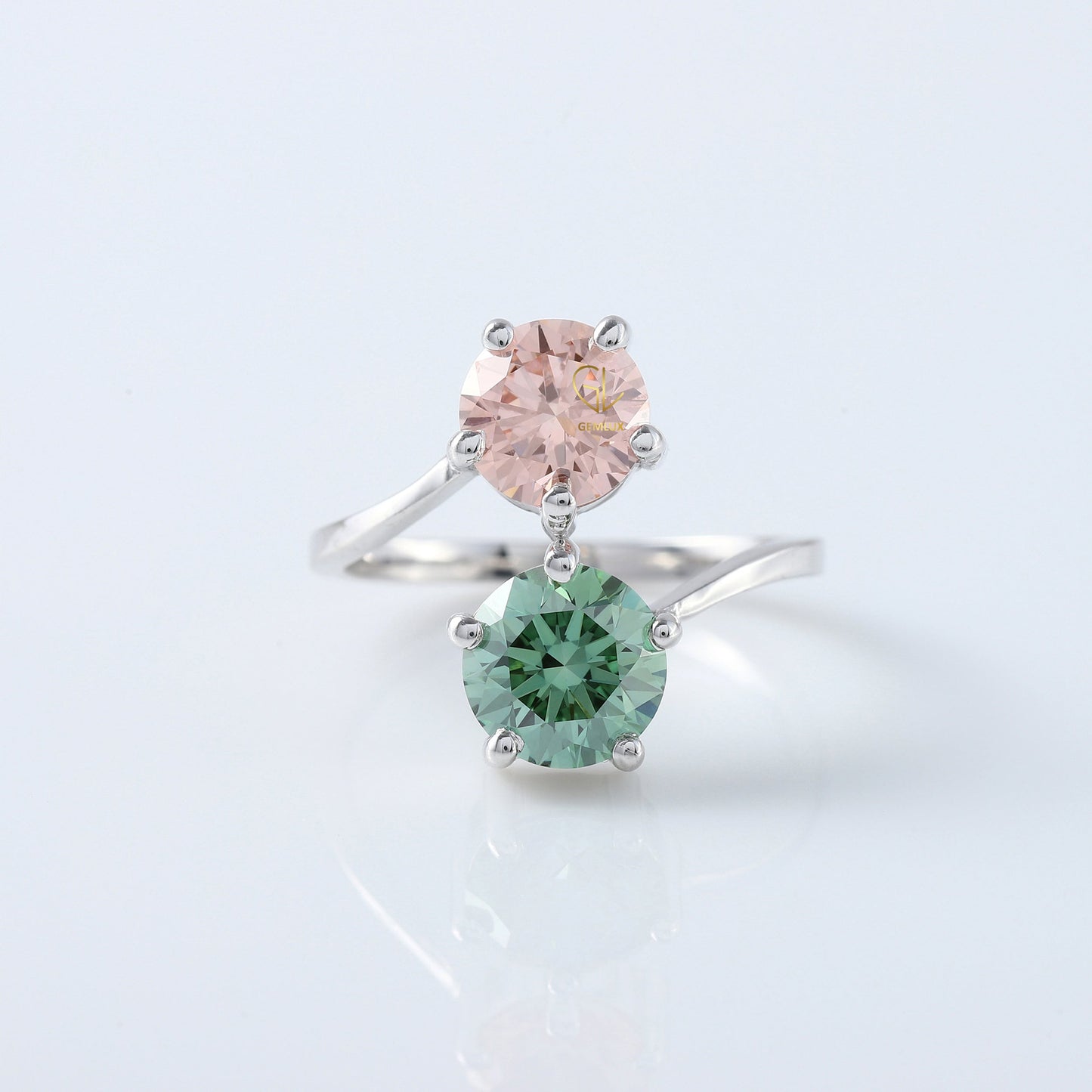 Two Stone Ring, Vivid Pink & Green Color Round Cut Lab Grown Diamond Bypass Engagement Ring