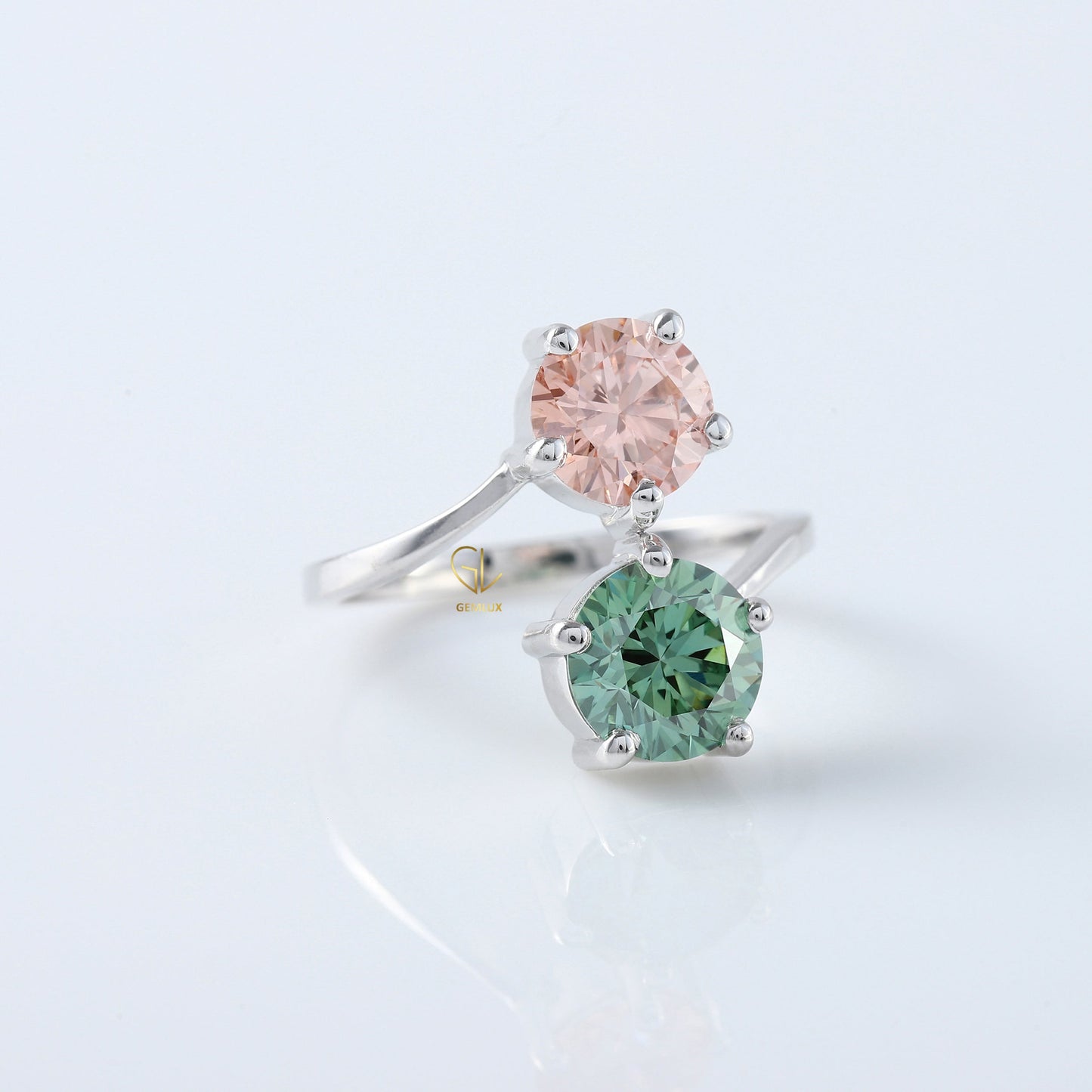 Two Stone Ring, Vivid Pink & Green Color Round Cut Lab Grown Diamond Bypass Engagement Ring