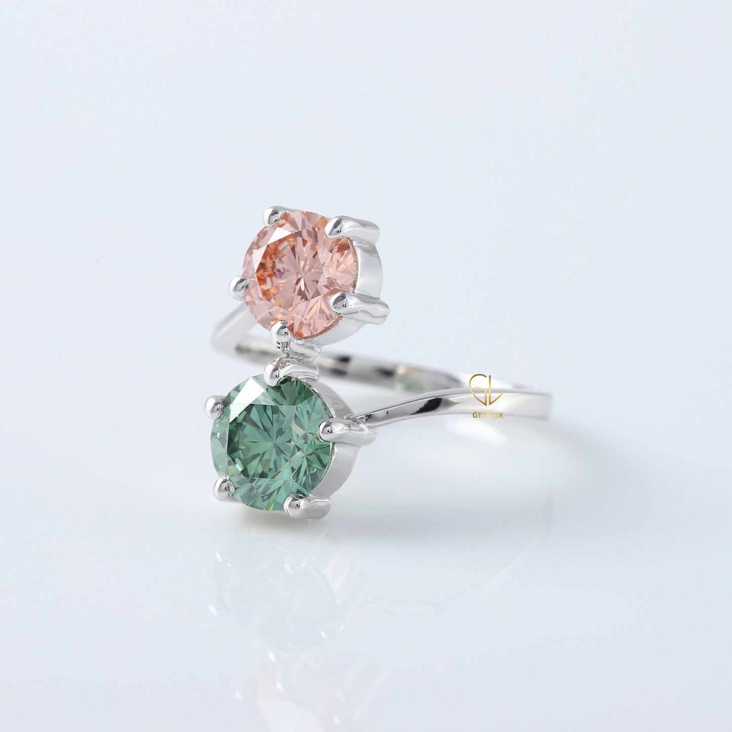 Two Stone Ring, Vivid Pink & Green Color Round Cut Lab Grown Diamond Bypass Engagement Ring