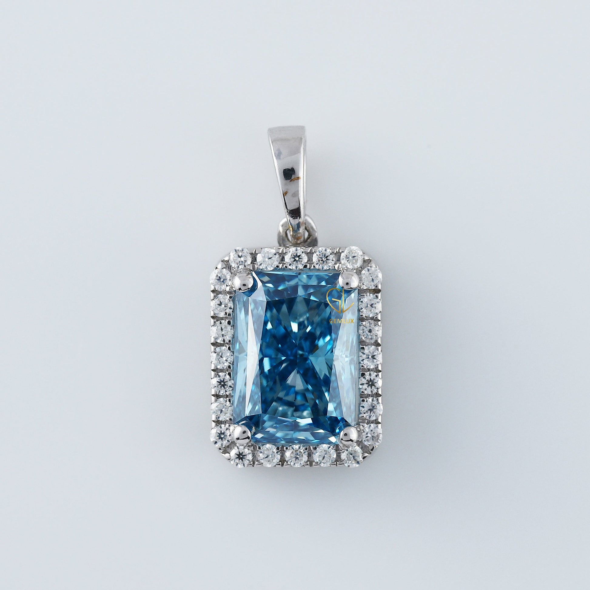 Lab Grown Blue Radiant Cut Diamond Halo Solitaire Pendant For Women