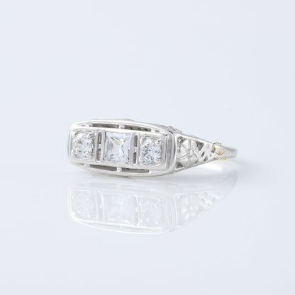 Vintage Art Deco Three Stone Moissanite Diamond Engagement Ring