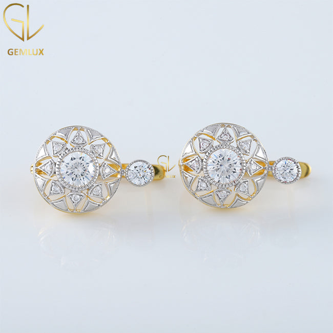 Antique Diamond Openwork Earrings, Round Cut Diamond Vintage Floral Retro Earrings