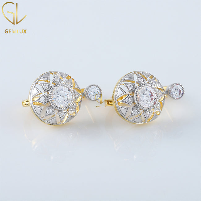 Antique Diamond Openwork Earrings, Round Cut Diamond Vintage Floral Retro Earrings