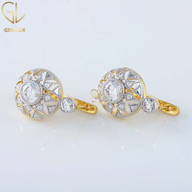 Antique Diamond Openwork Earrings, Round Cut Diamond Vintage Floral Retro Earrings