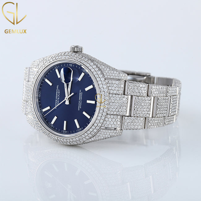 Bling Bling VVS Moissanite Diamond Blue Dial Auto Date Hiphop Watch