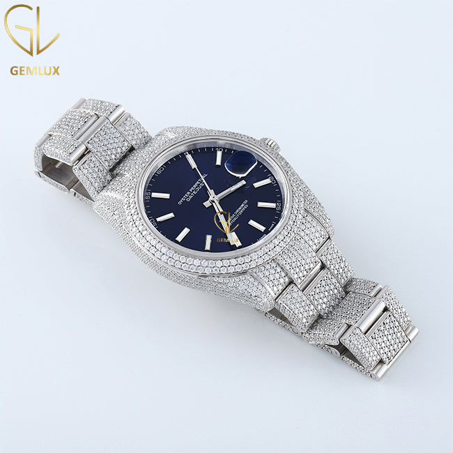 Bling Bling VVS Moissanite Diamond Blue Dial Auto Date Hiphop Watch