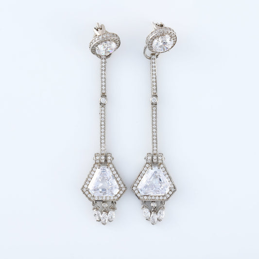 Long Shield Shaped Moissanite Diamond Silver Earrings