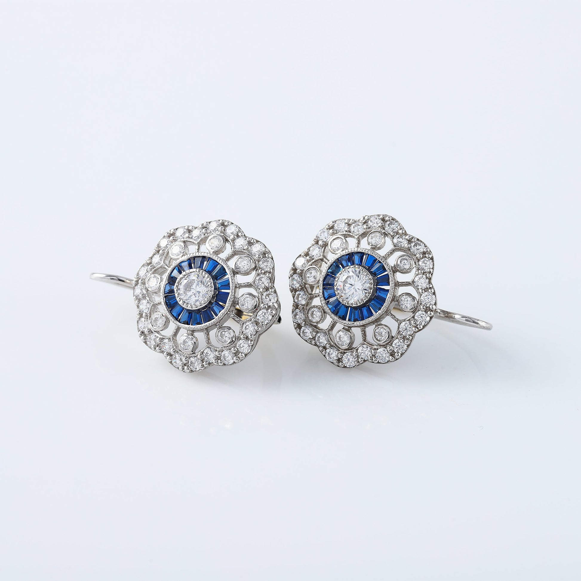 Vintage Art Deco Floral Halo Blue Sapphire Antique Earrings