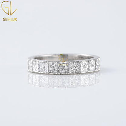 Art Deco Milgrain Wedding Band, Round Cut Moissanite Half Eternity Band Ring