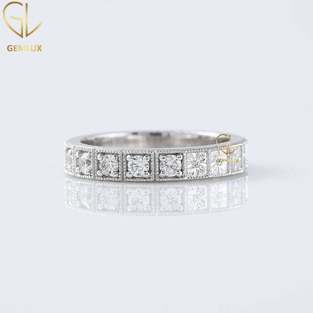 Art Deco Milgrain Wedding Band, Round Cut Moissanite Half Eternity Band Ring