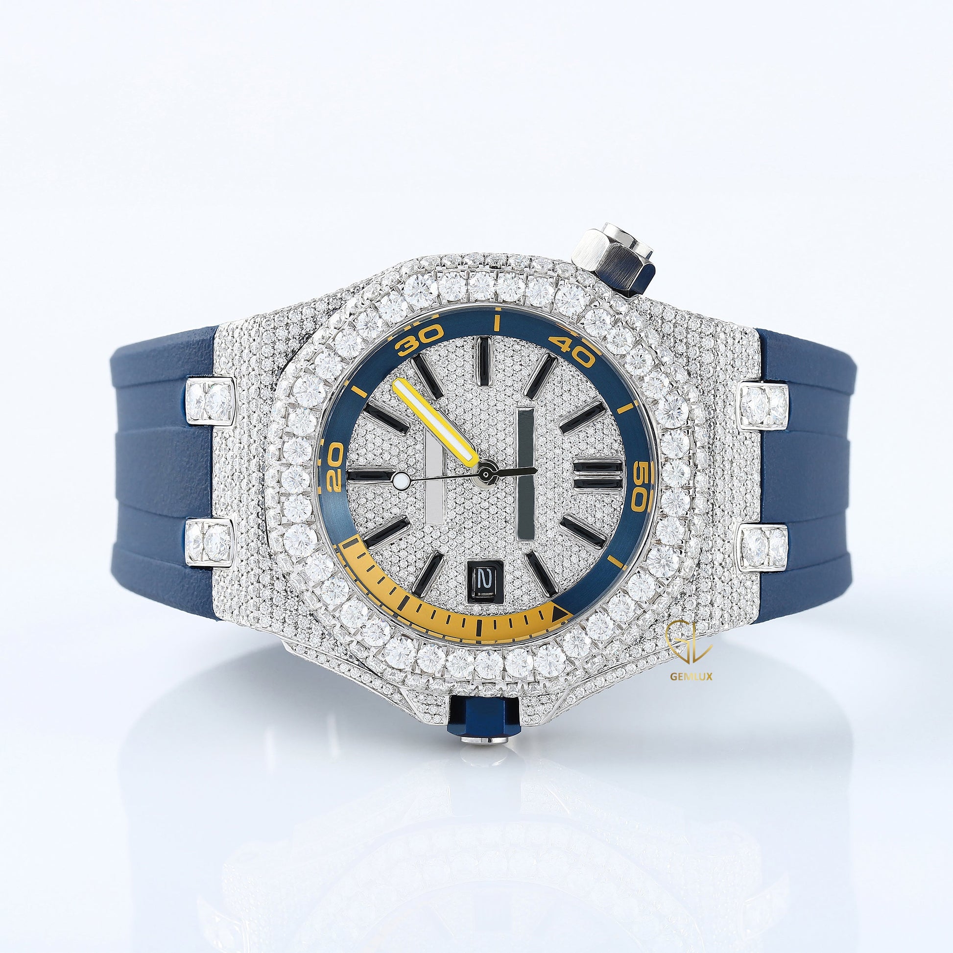 Iced Out VVS Moissanite Diamond Bezel With Blue Strap Automatic Movement Watch