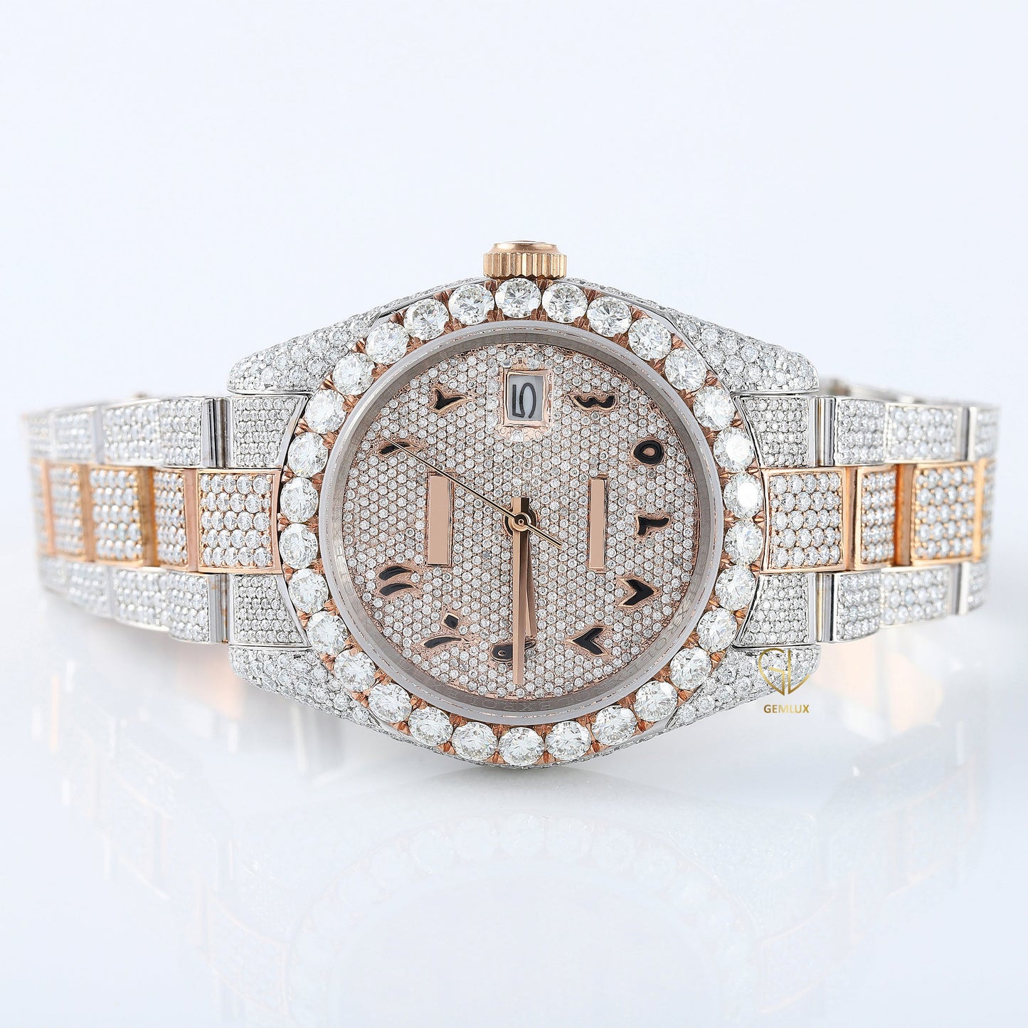 Iced Out VVS Moissanite Diamond White & Rose Gold Plated Auto Date Watch 