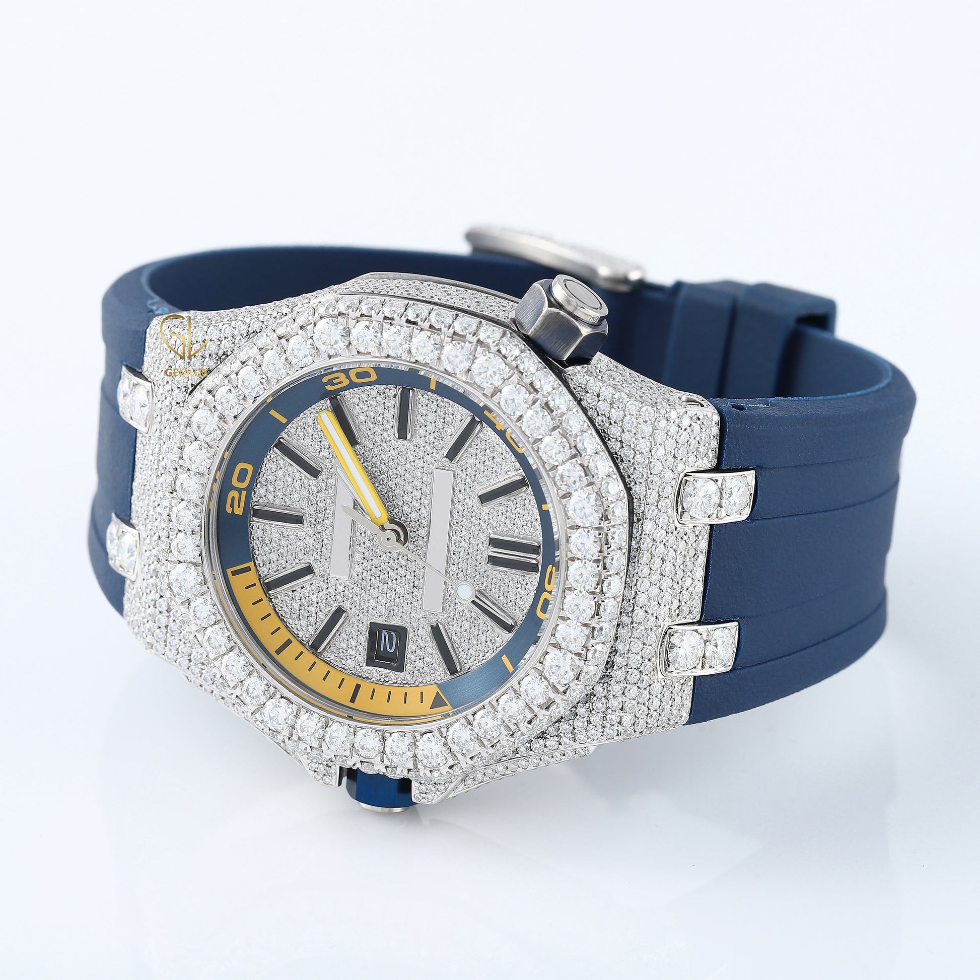 Iced Out VVS Moissanite Diamond Bezel With Blue Strap Automatic Movement Watch