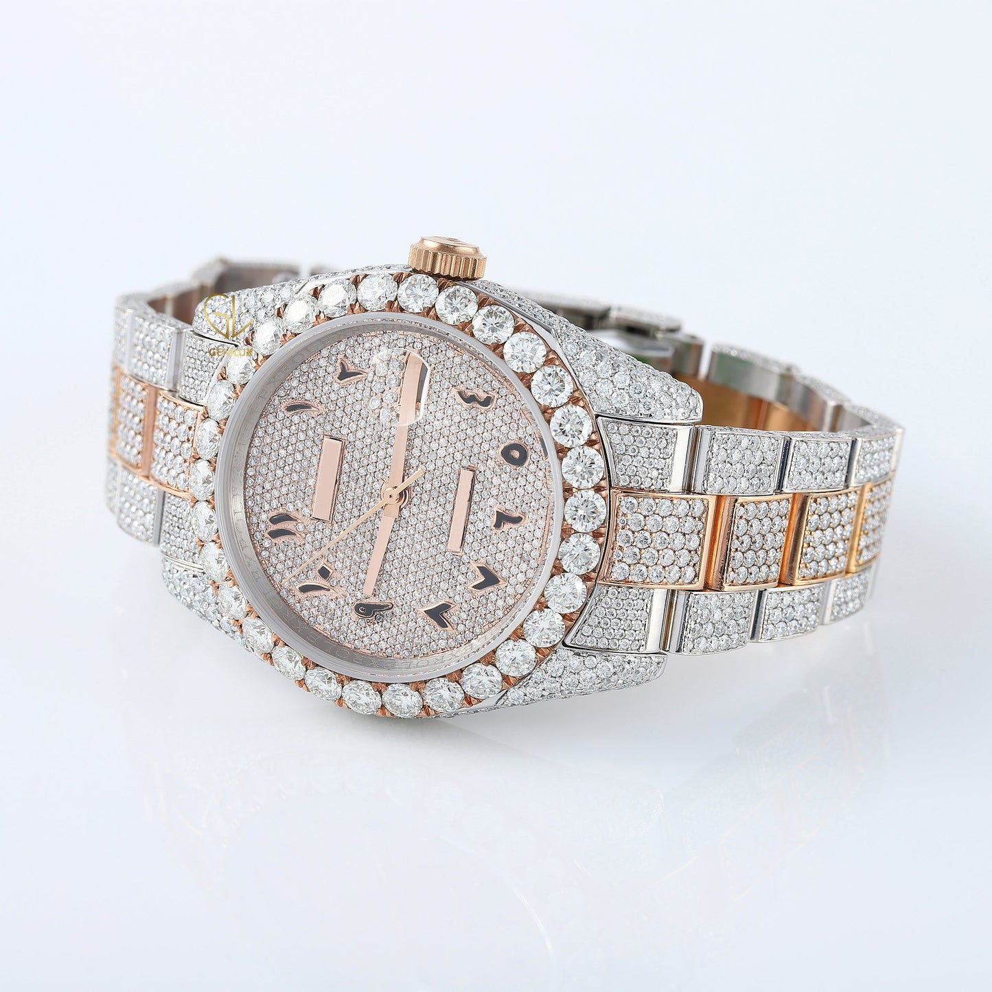 Iced Out VVS Moissanite Diamond White & Rose Gold Plated Auto Date Watch 