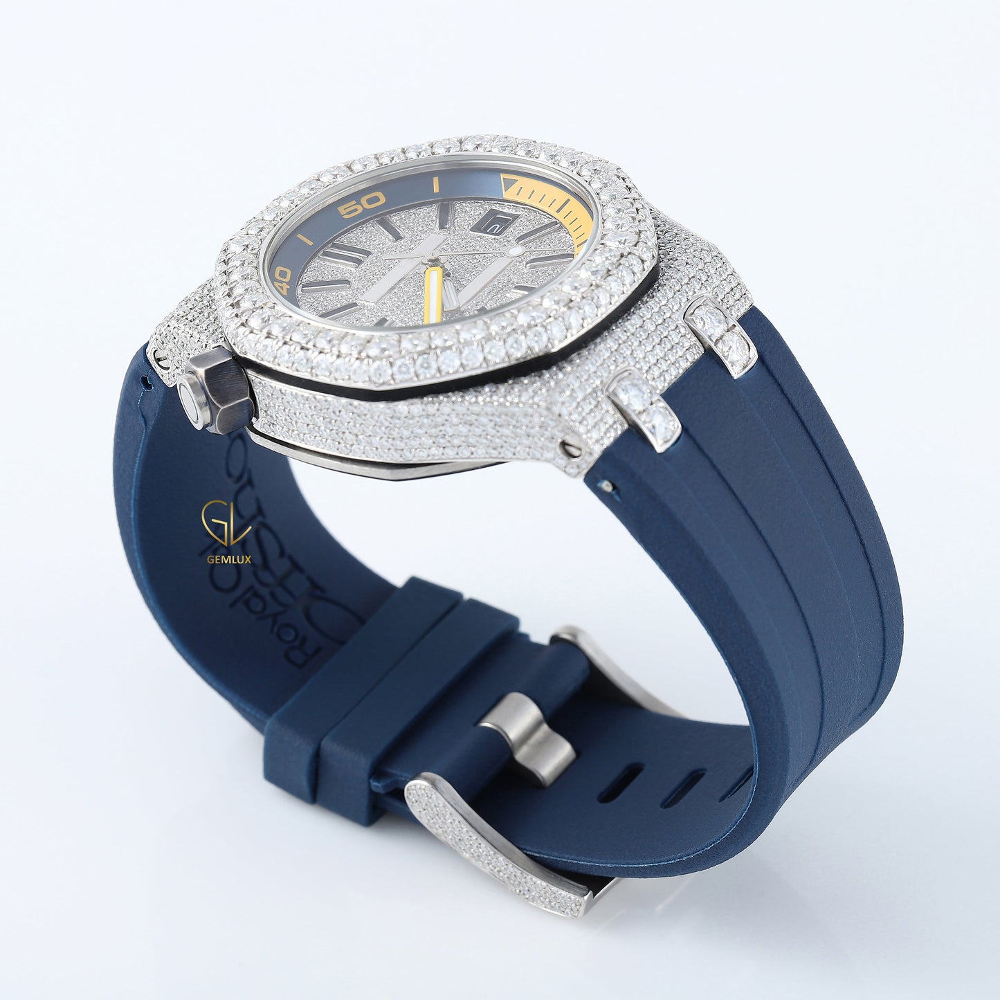 Iced Out VVS Moissanite Diamond Bezel With Blue Strap Automatic Movement Watch