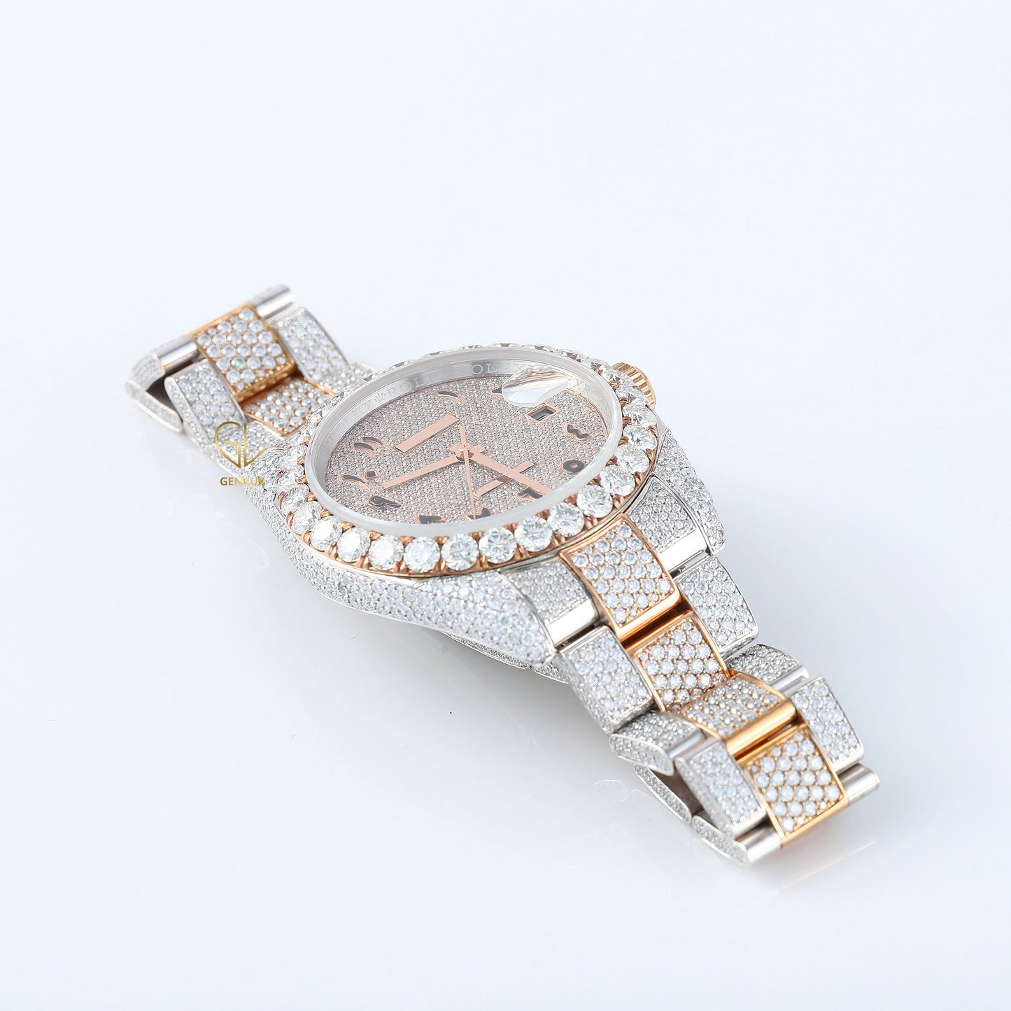 Iced Out VVS Moissanite Diamond White & Rose Gold Plated Auto Date Watch 