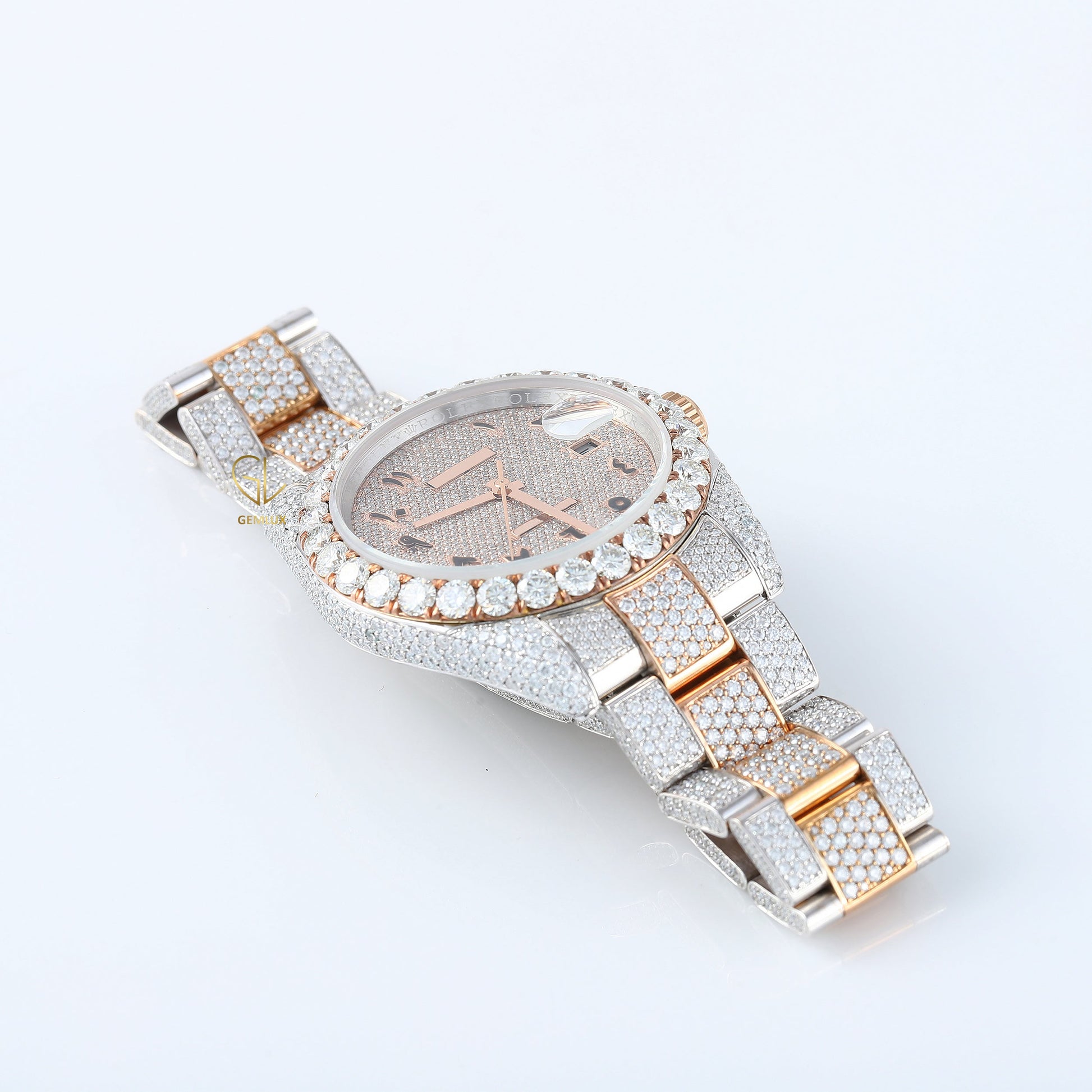 Iced Out VVS Moissanite Diamond White & Rose Gold Plated Auto Date Watch 