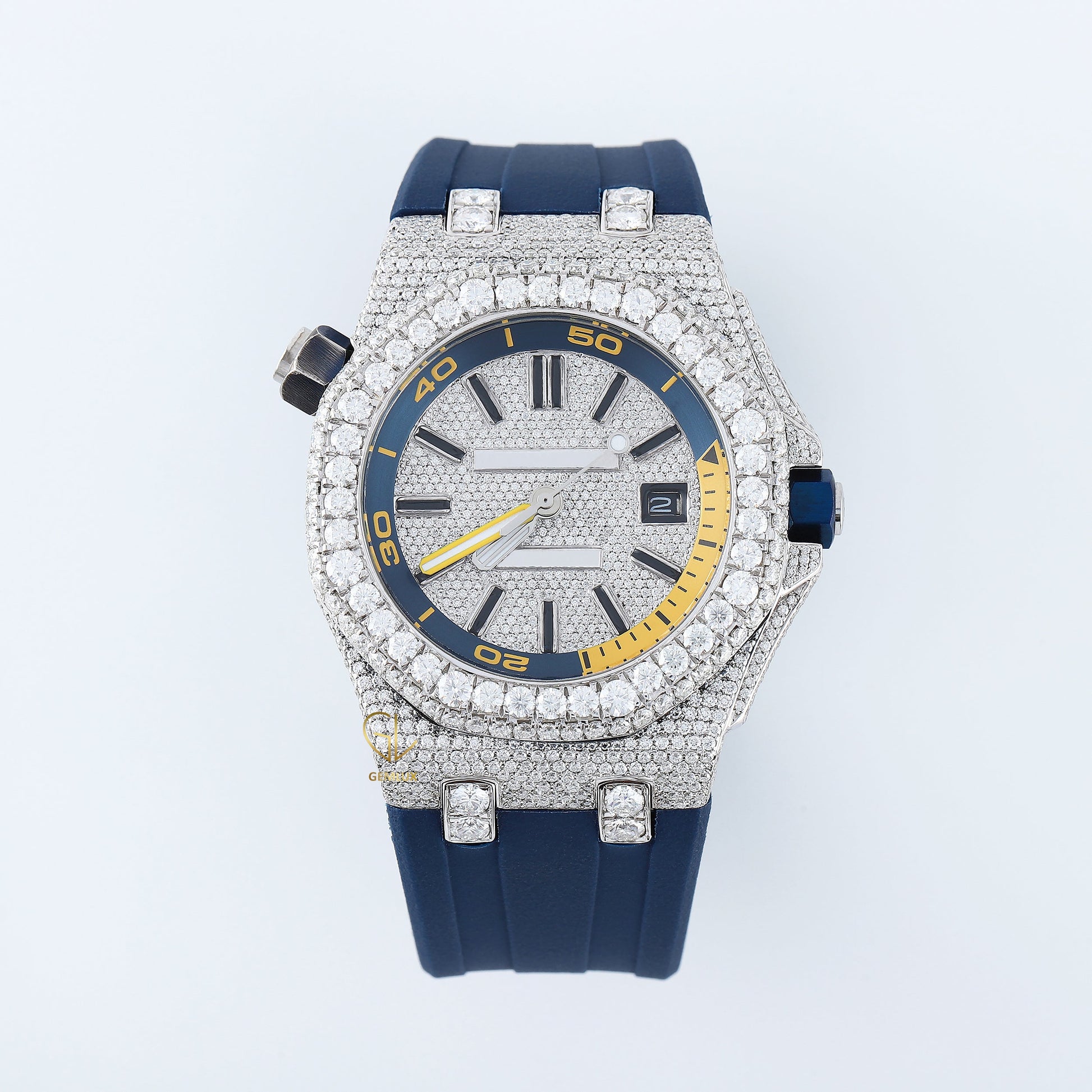 Iced Out VVS Moissanite Diamond Bezel With Blue Strap Automatic Movement Watch