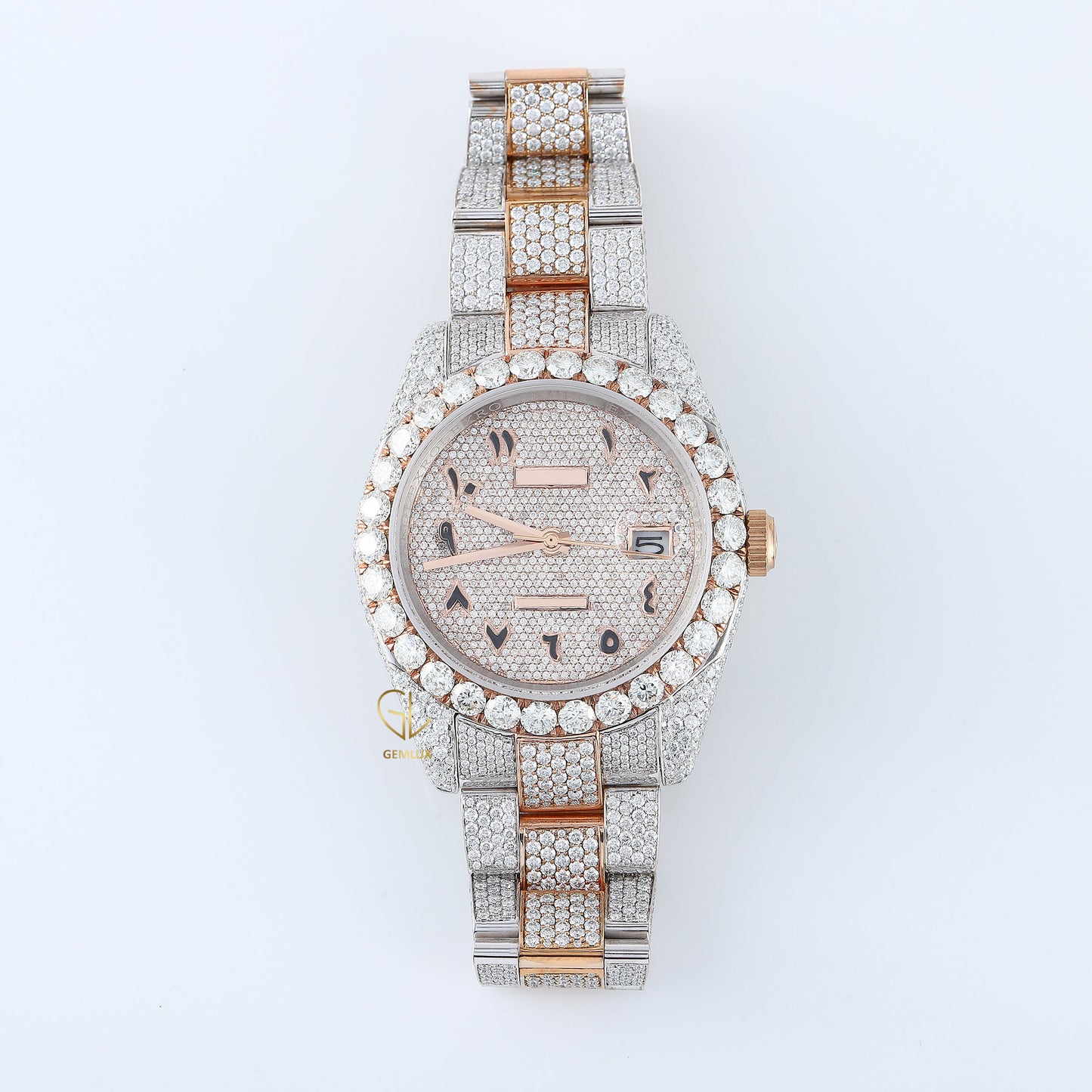 Iced Out VVS Moissanite Diamond White & Rose Gold Plated Auto Date Watch 