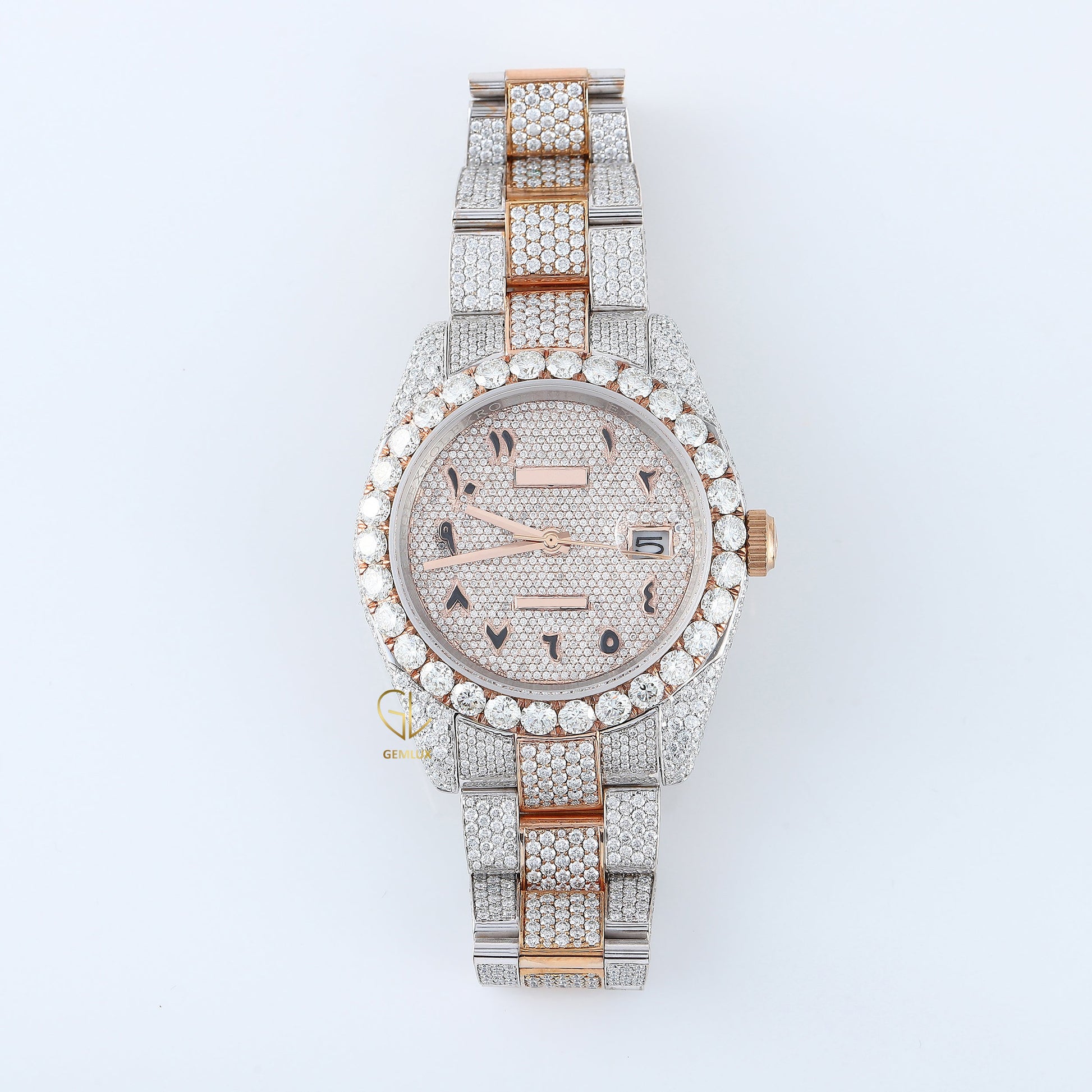 Iced Out VVS Moissanite Diamond White & Rose Gold Plated Auto Date Watch 