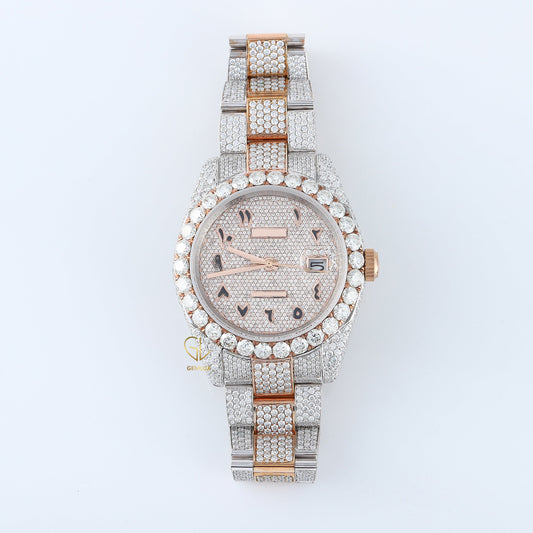 Iced Out VVS Moissanite Diamond White & Rose Gold Plated Auto Date Watch 