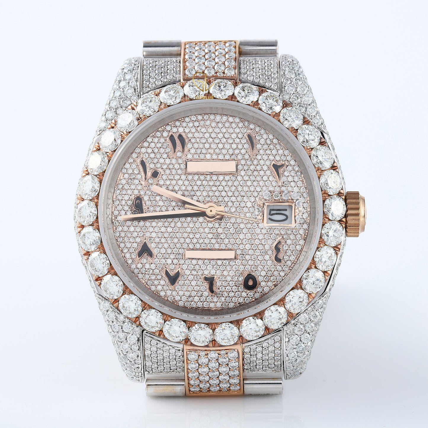 Iced Out VVS Moissanite Diamond White & Rose Gold Plated Auto Date Watch 