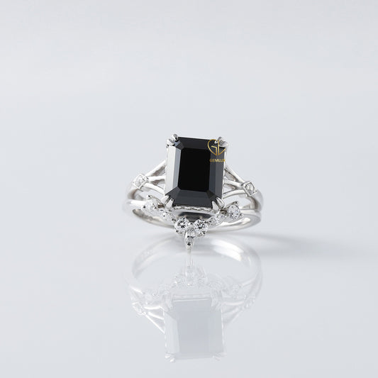 Black Emerald Cut Moissanite Diamond Ring With Curved Matching Bridal Ring Set