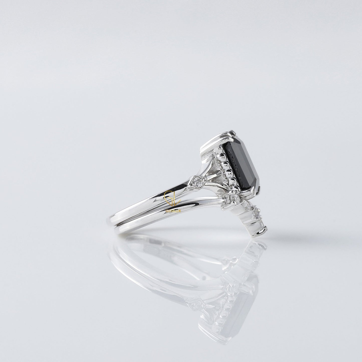 Black Emerald Cut Moissanite Diamond Ring With Curved Matching Bridal Ring Set