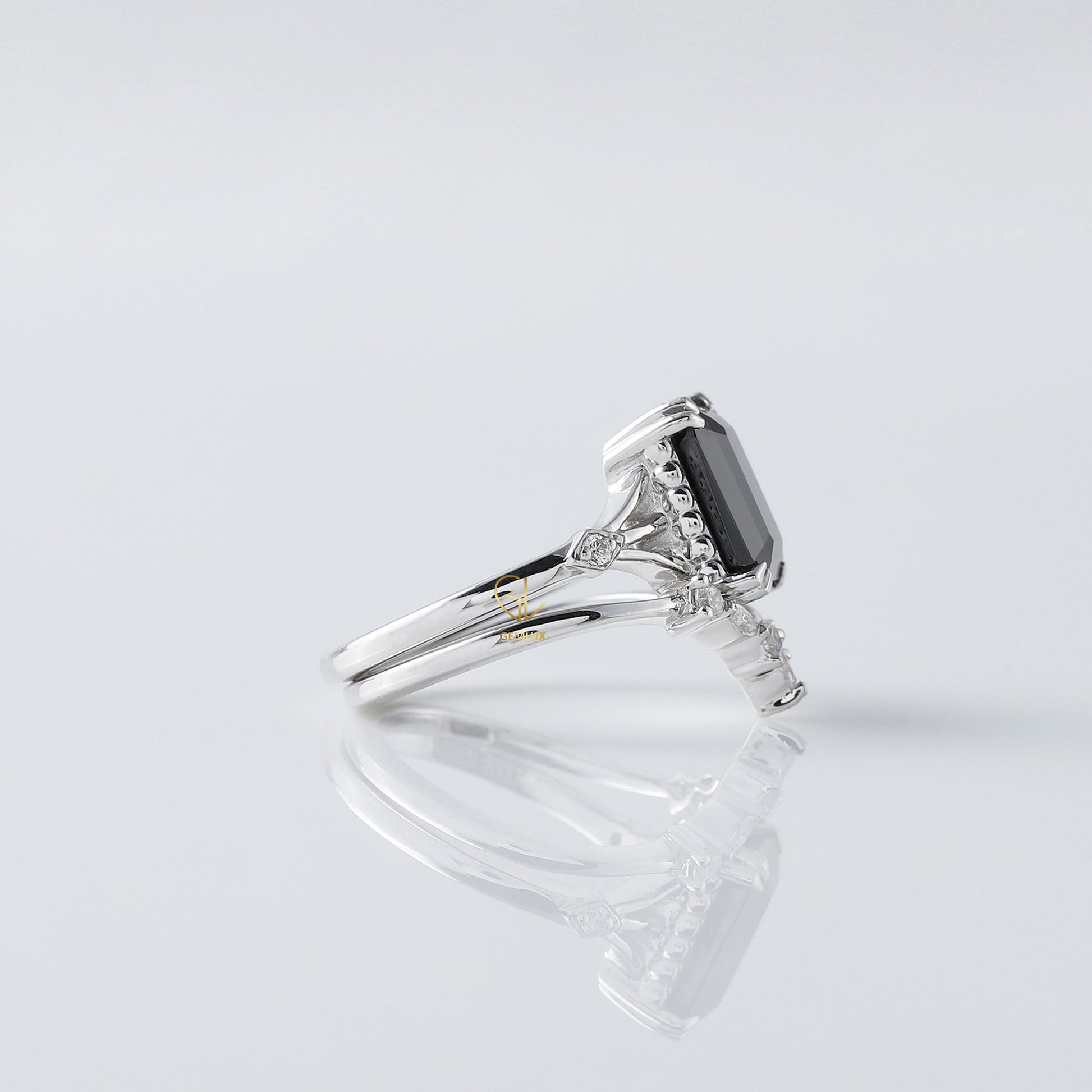 Black Emerald Cut Moissanite Diamond Ring With Curved Matching Bridal Ring Set