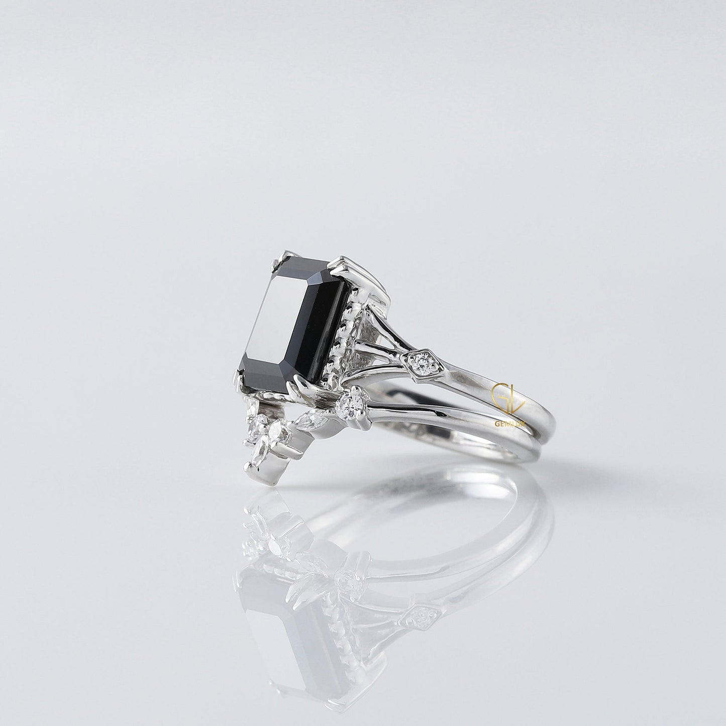 Black Emerald Cut Moissanite Diamond Ring With Curved Matching Bridal Ring Set