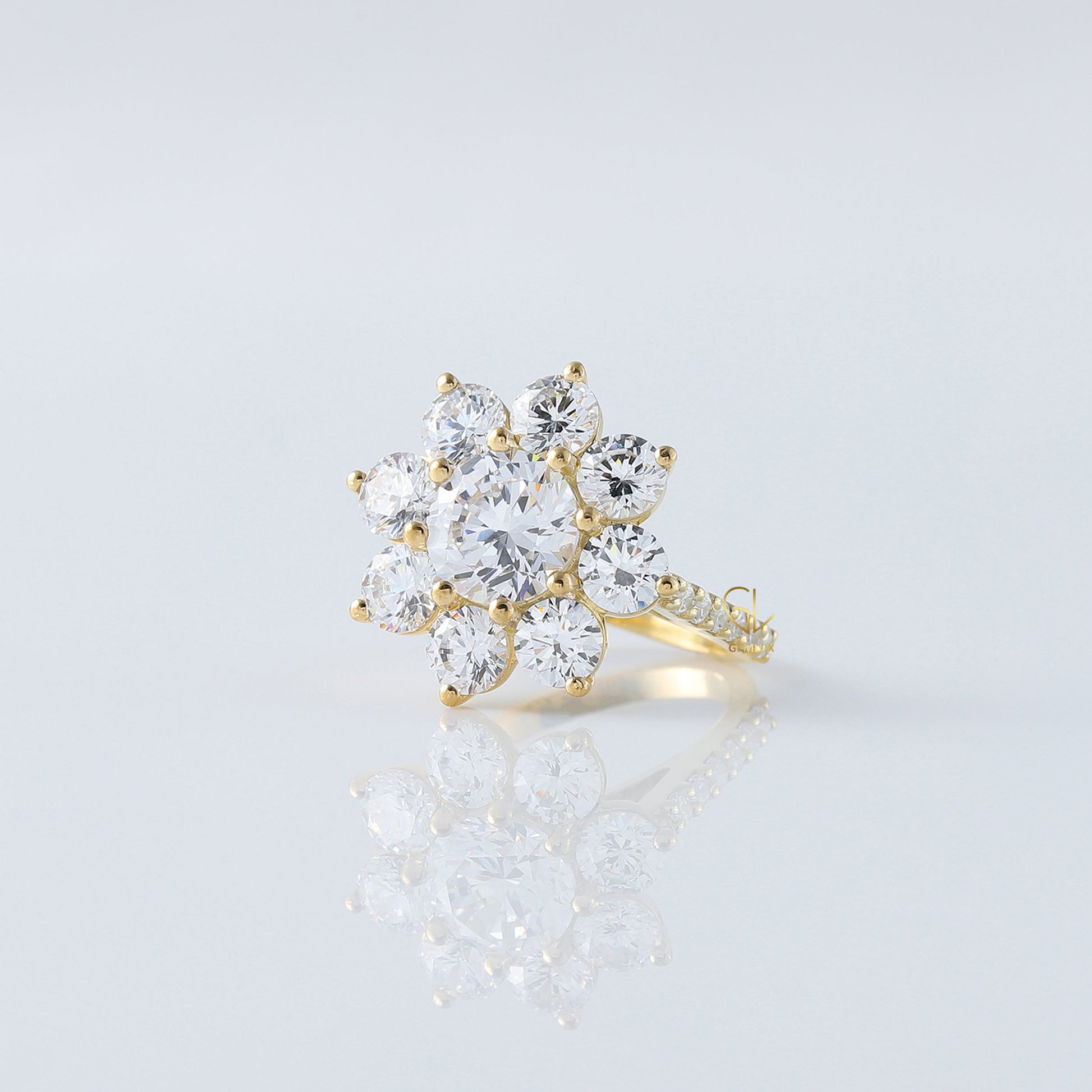 Round Moissanite Diamond Floral Halo Cluster Ring