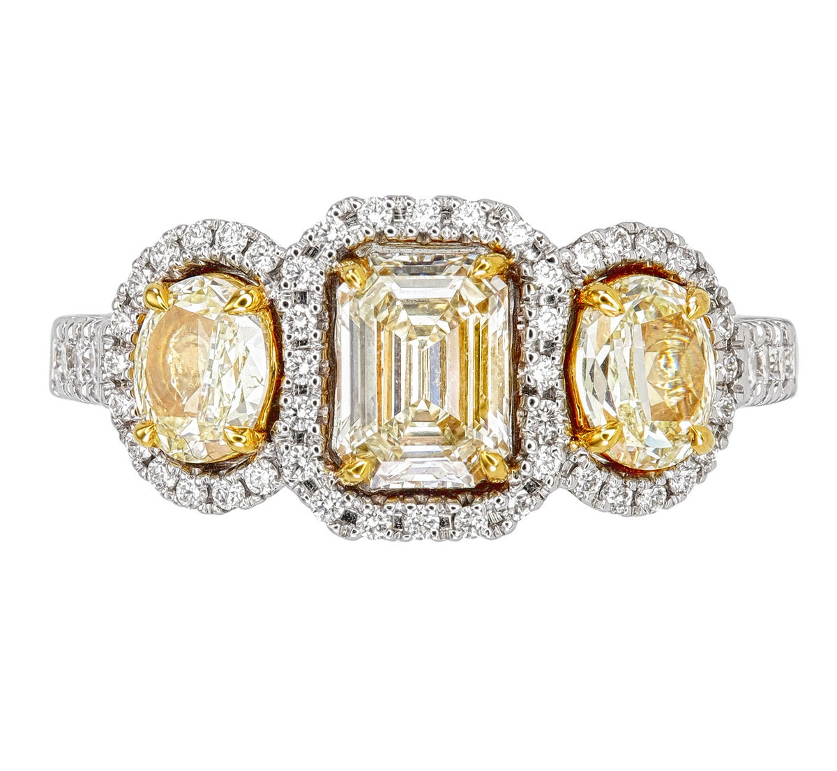 Fancy Yellow Emarald Cut Certified Natural Diamond Three Stone Ring