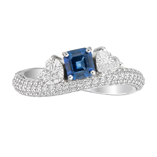 Blue Sapphire Asscher Cut & Heart Shape Certified Natural Diamond Three Stone Ring