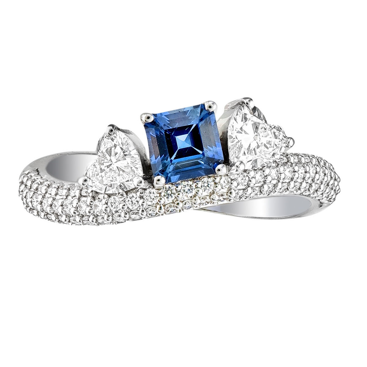 Blue Sapphire Asscher & Heart Shape Certified Natural Diamond Three Stone Ring