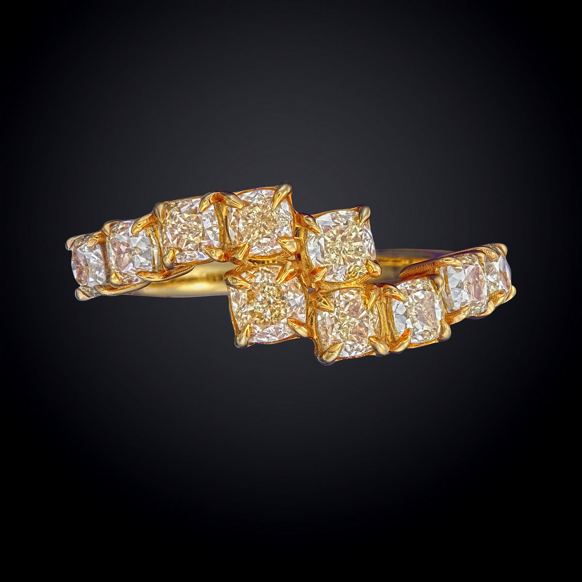 Fancy Yellow Color Cushion Cut Certified Natural Diamond Bypass Ring