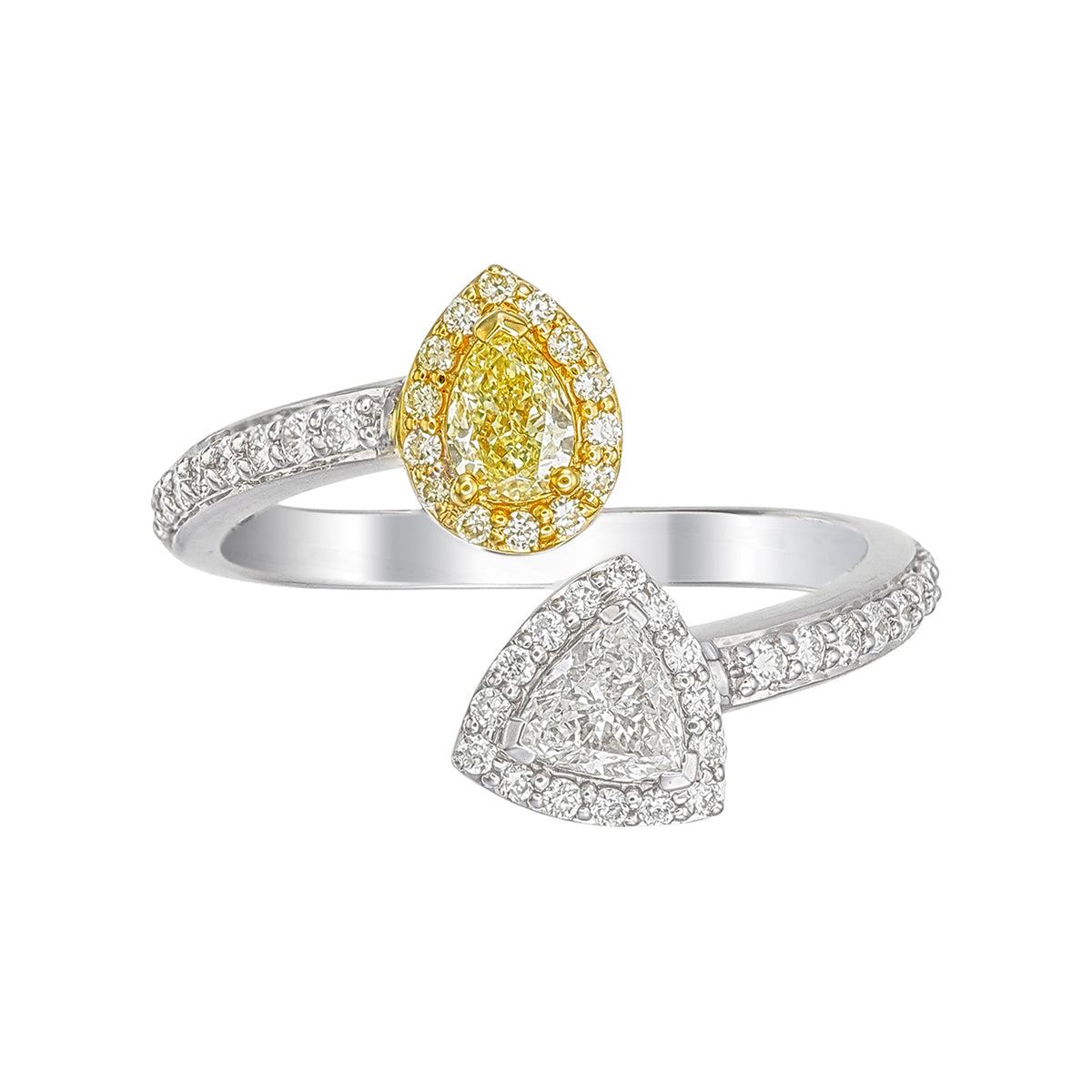 Canary Yellow Pear Cut & Trillion Cut Certified Natural Diamond Bypass Engagement Ring