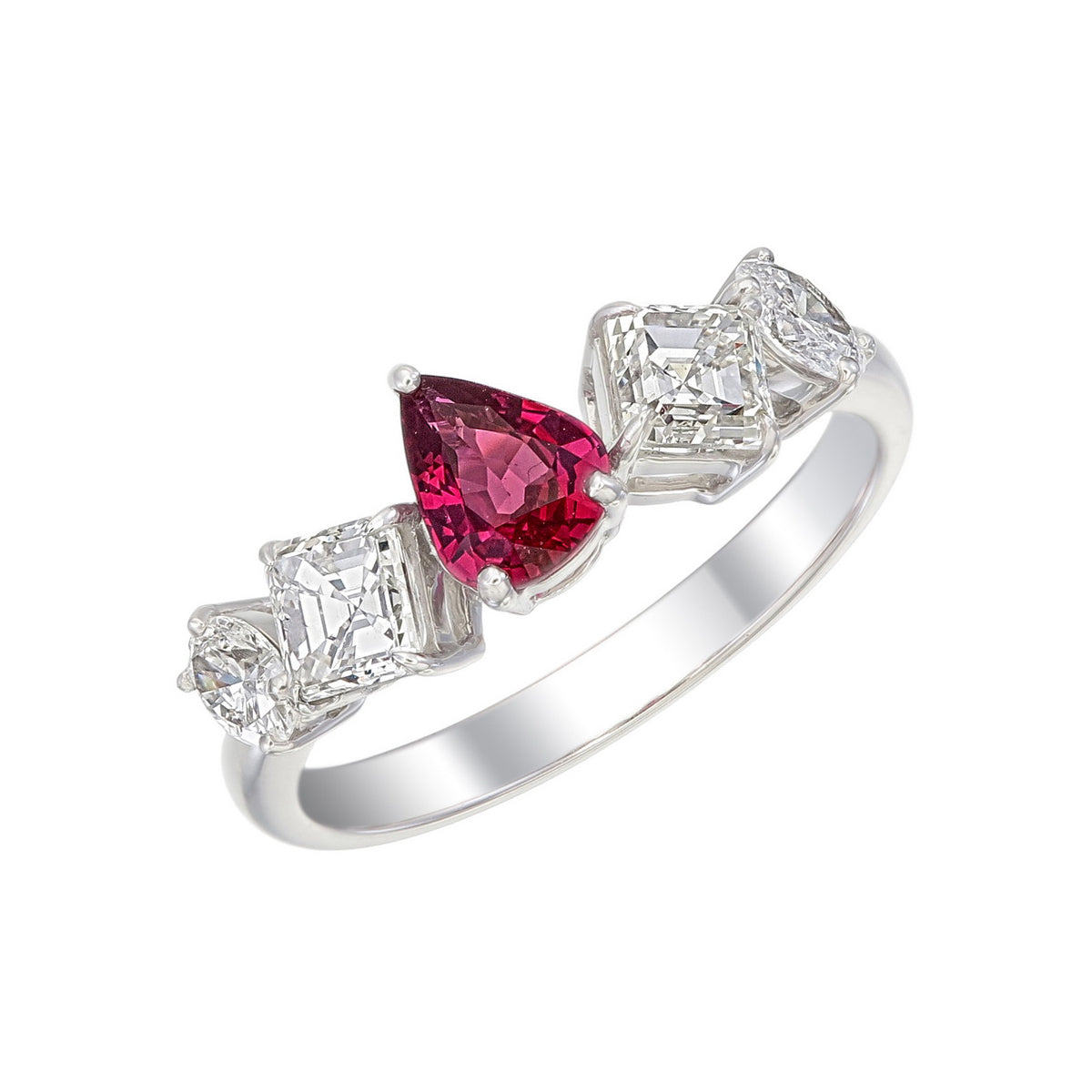 Certified Natural Diamond Ruby Pear Cut Five Stone Ring