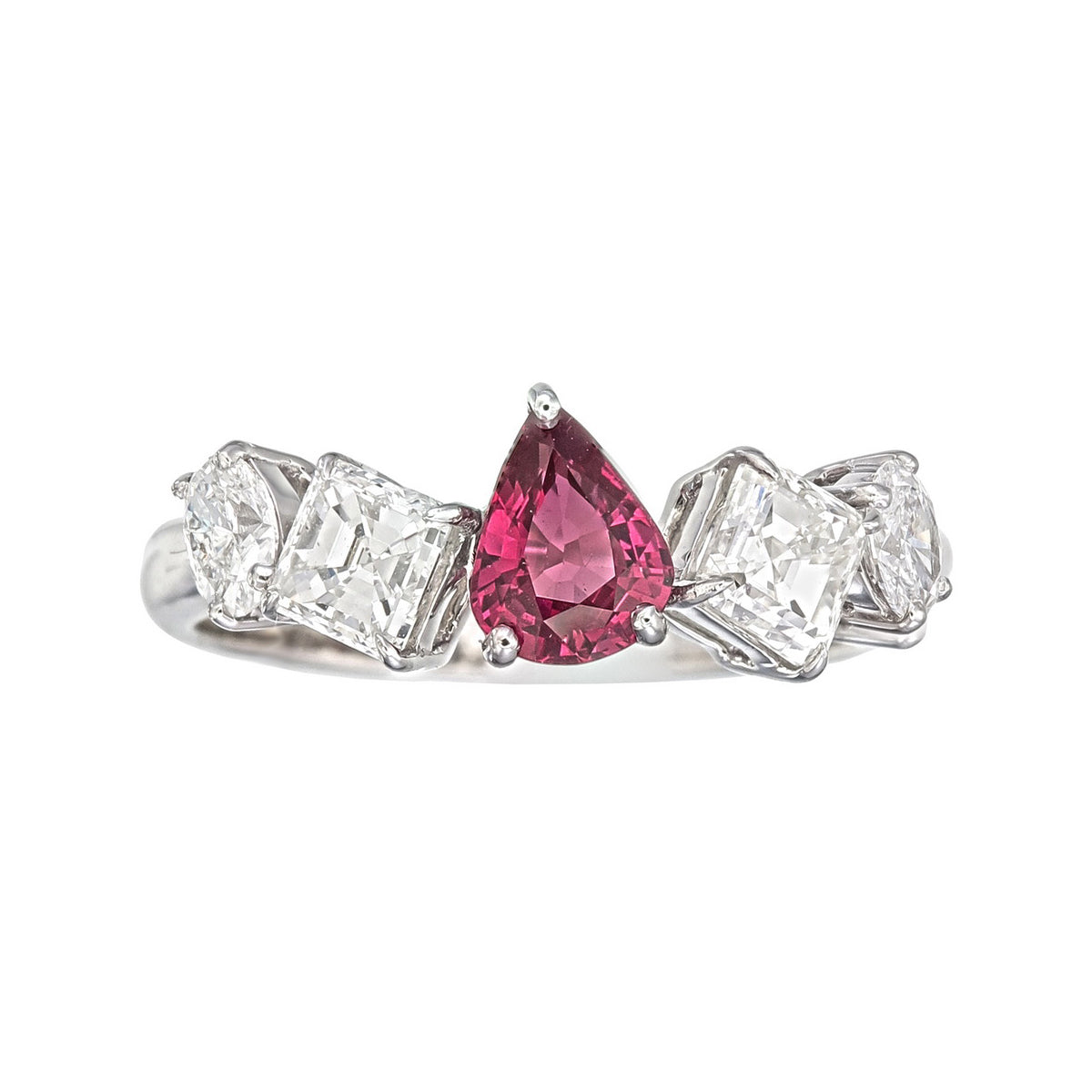 Certified Natural Diamond Ruby Pear Cut Five Stone Ring