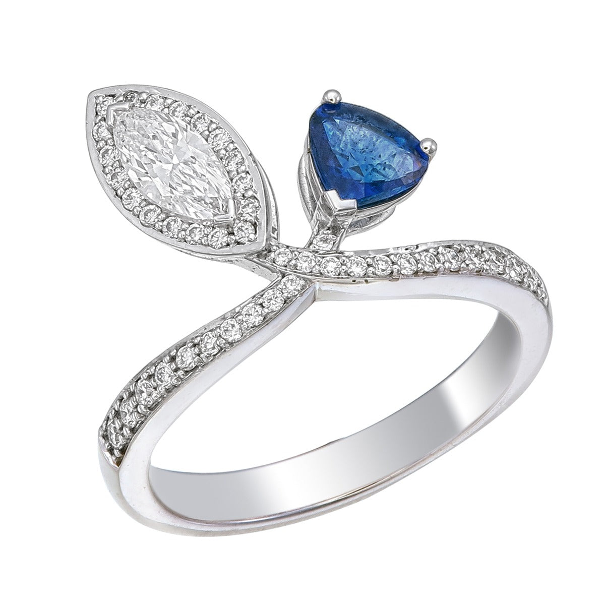 Blue Sapphire Trillion & Marquise Cut Certified Natural Diamond Toi et Moi Engagement Ring