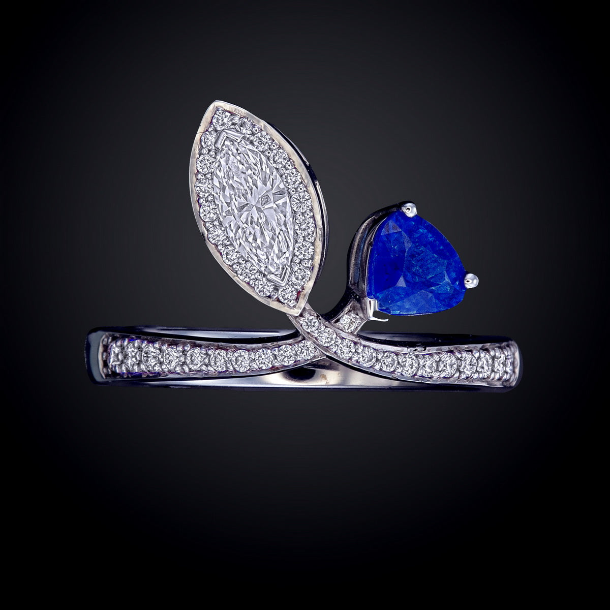 Blue Sapphire Trillion & Marquise Cut Certified Natural Diamond Toi et Moi Engagement Ring