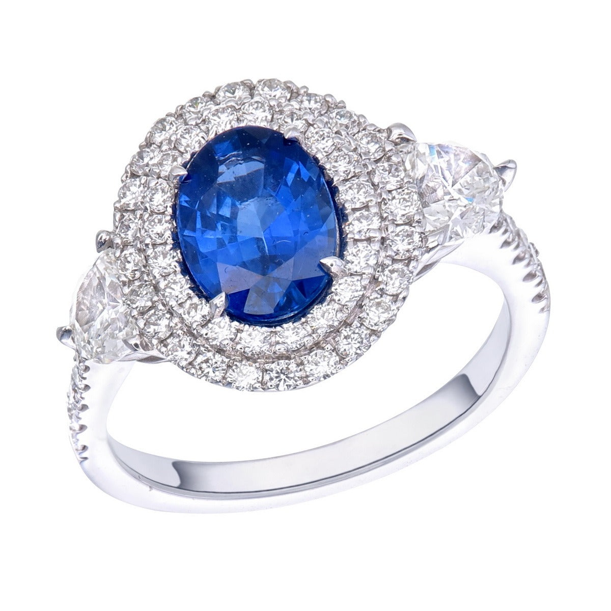 Blue Sapphire Oval Cut Certified Natural Diamond Three Stone Halo Engagement Ring