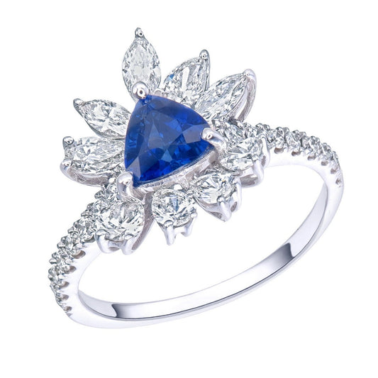 Blue Sapphire Trillion Cut Certified Natural Diamond Floral Halo Engagement Ring