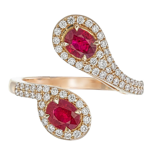 Ruby Oval Cut Certified Natural Diamond Bypass Engagement Ring