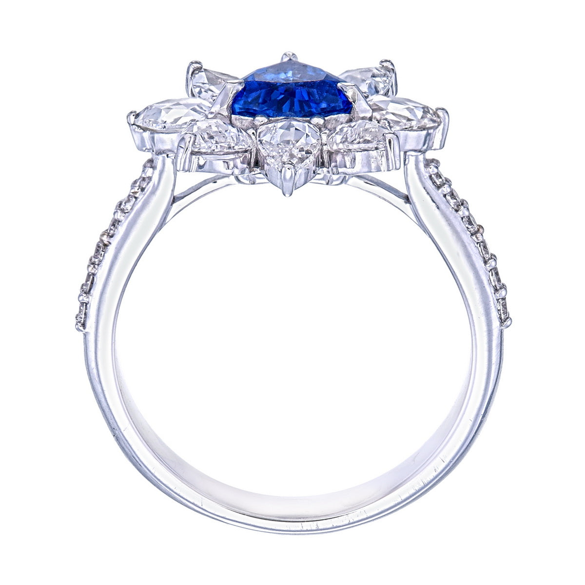 Blue Sapphire Heart Shape Certified Natural Diamond Floral Halo Engagement Ring