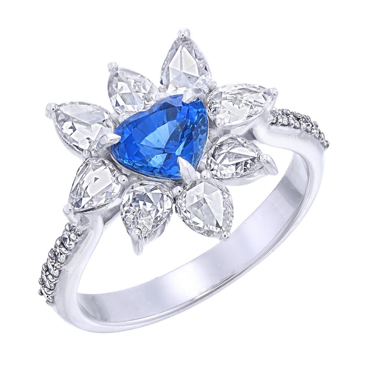 Blue Sapphire Heart Shape Certified Natural Diamond Floral Halo Engagement Ring