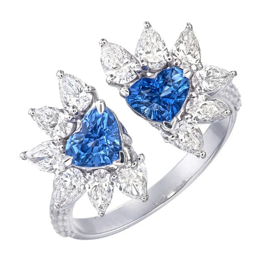 Blue Sapphire Heart Shape Certified Natural Diamond Open Cuff Floral Engagement Ring