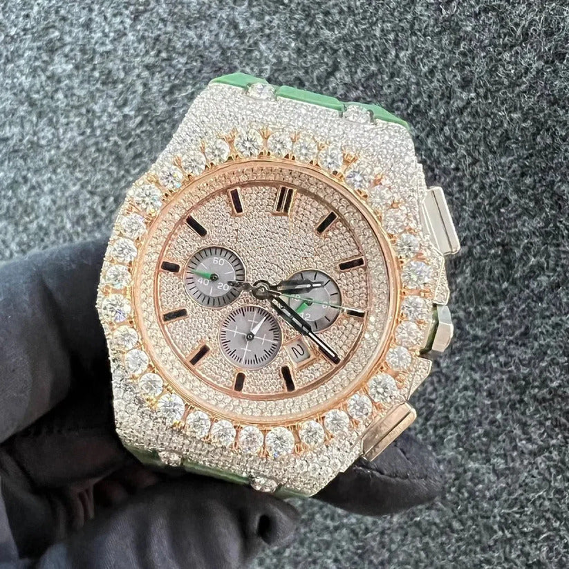 Iced Out VVS Moissanite Diamond Round Bezel Leather Strap Watch